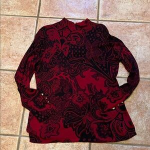 Chico’s Dark red and black floral pattern sweater. Size 1 Mock cowl neck.
